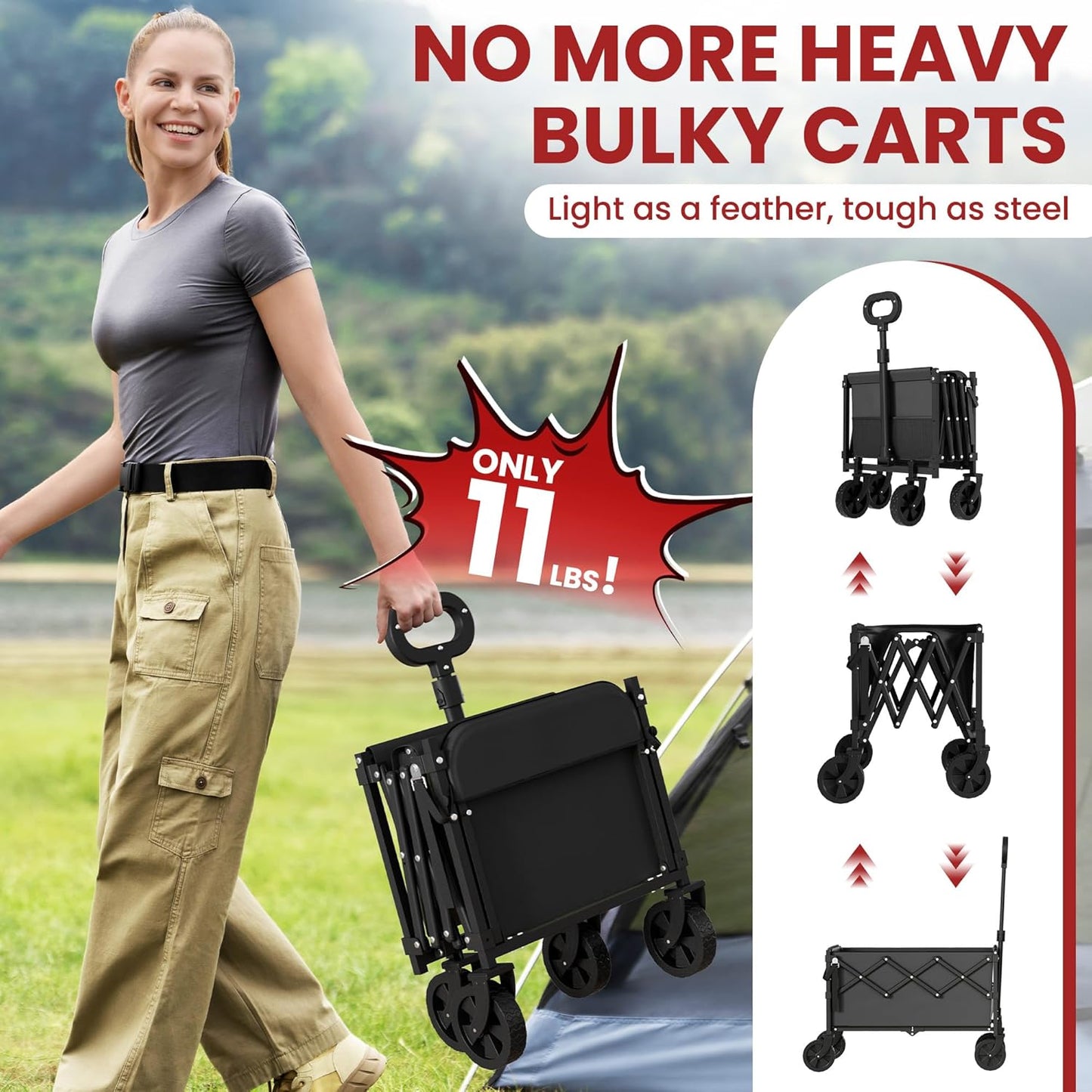 Collapsible Wagon with Wheels & Tailgate, 350LBS Wagons Carts Foldable Heavy Duty, Lightweight Portable Folding Utility Wagon Grocery Shopping Cart for Garden, Camping, Beach (Black)