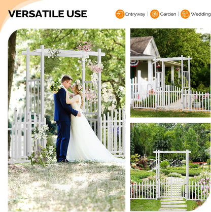 VINGLI Garden Arbor with Gate and Fence, PVC Wedding Arch for Ceremony Party, Garden Trellis for Climbing Plants Outdoor, Arch Backdrop Stand for Garden, Backyard, Lawn, Wedding