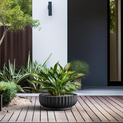 Kante Round Fulted Bowl Planter, 14.6 Inch Dia Large Concrete Flower Pots with Drainage Hole and Rubber Plug, Suitable for for Indoor Outdoor Plants, Home, Patio, Garden, Black