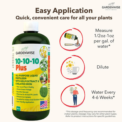 10-10-10 All Purpose Plant Food - Liquid Fertilizer with Seaweed Kelp & Iron - Indoor & Outdoor Plant Food, Vegetables, Flowers, Lawn & Garden 1x16 oz