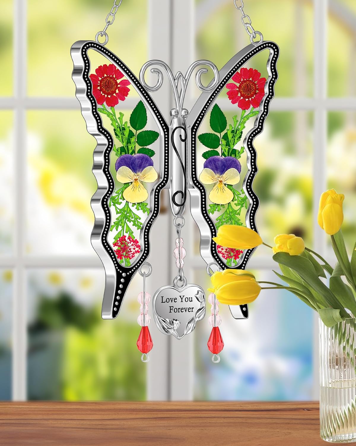 KY&BOSAM Butterfly Suncatcher for Windows Hangings Stained Glass Love You Forever Sun Catchers Hangings Wind Chime Gifts for Women Grandma Mom Mother`s Day Valentine's Birthday Christmas Thanksgiving