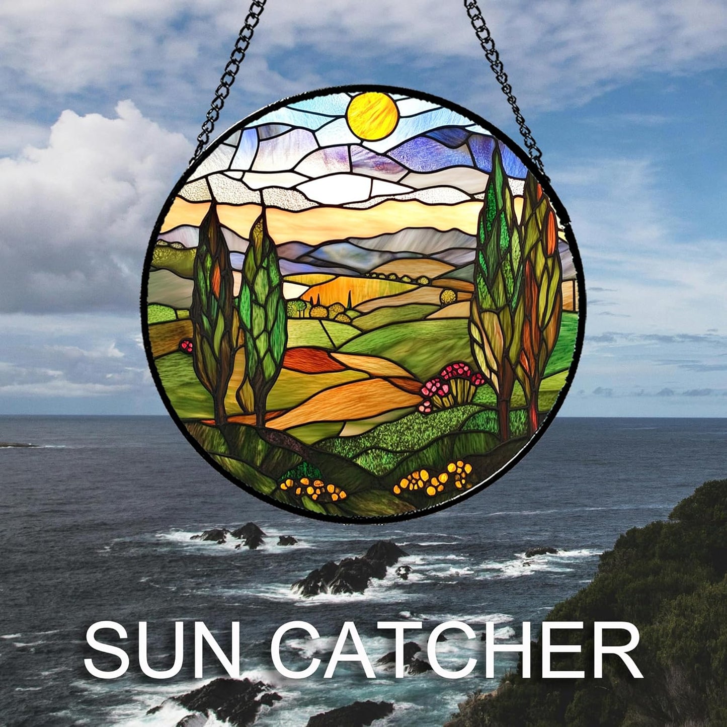 Stained Glass Window Hanging Golden Sun Mountain Landscape Large 11.8" - Suncatcher Door Garden Sun Catcher Home Decor Birthday Christmas for Mom Men Woman Nana Friend