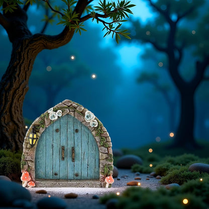 Blue Mini Fairy Garden Door for Tree, 3D Miniature Fairy Door for Fairytale Tiny House Doors, Bonsai Terrarium Micro Landscape Decoration Accessories Garden Miniatures