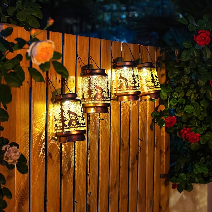 2 Pack Wolf Solar Lanterns Outdoor Waterproof Hanging Lights for Garden Decor, Yard, Patio, Lawn, Tabletop, Pathway, Landscape - Metal Decorative LED Lanterns, Gifts for Women Men