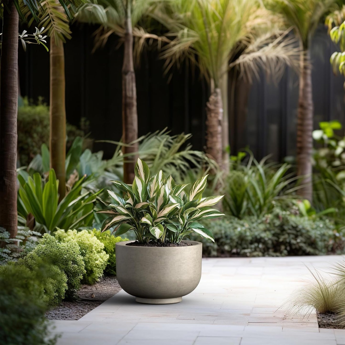 Kante 17.7 Inch Dia Concrete Bowl Planter, Large Tapered Bottom Plant Pot with Drainage, Smooth Weathered Concrete Finish with Warm Brown Interior, Ideal for Porch, Home, Garden, Patio