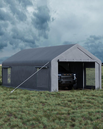 GarveeLife 13x25 ft Carport with 10 Sandbags, Car Port with 220 g PE Tarp, 2 Roll-Up Doors, and 4 Windows, for Full-Size Pickups, Bass Boats, Tractors, and SUVs, Gray