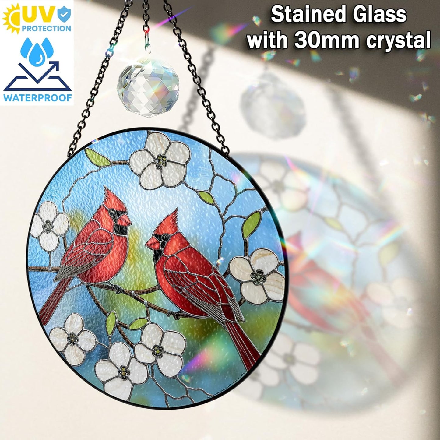 6" Cardinal Bird Stained Glass Suncatchers Art Glass Red Birds and Flowers for Sun Catcher Indoor Window Gifts for Nature Floral Bird Lovers Memorial Gift for Women Painted Panel Décor BIRD-37B-SG6