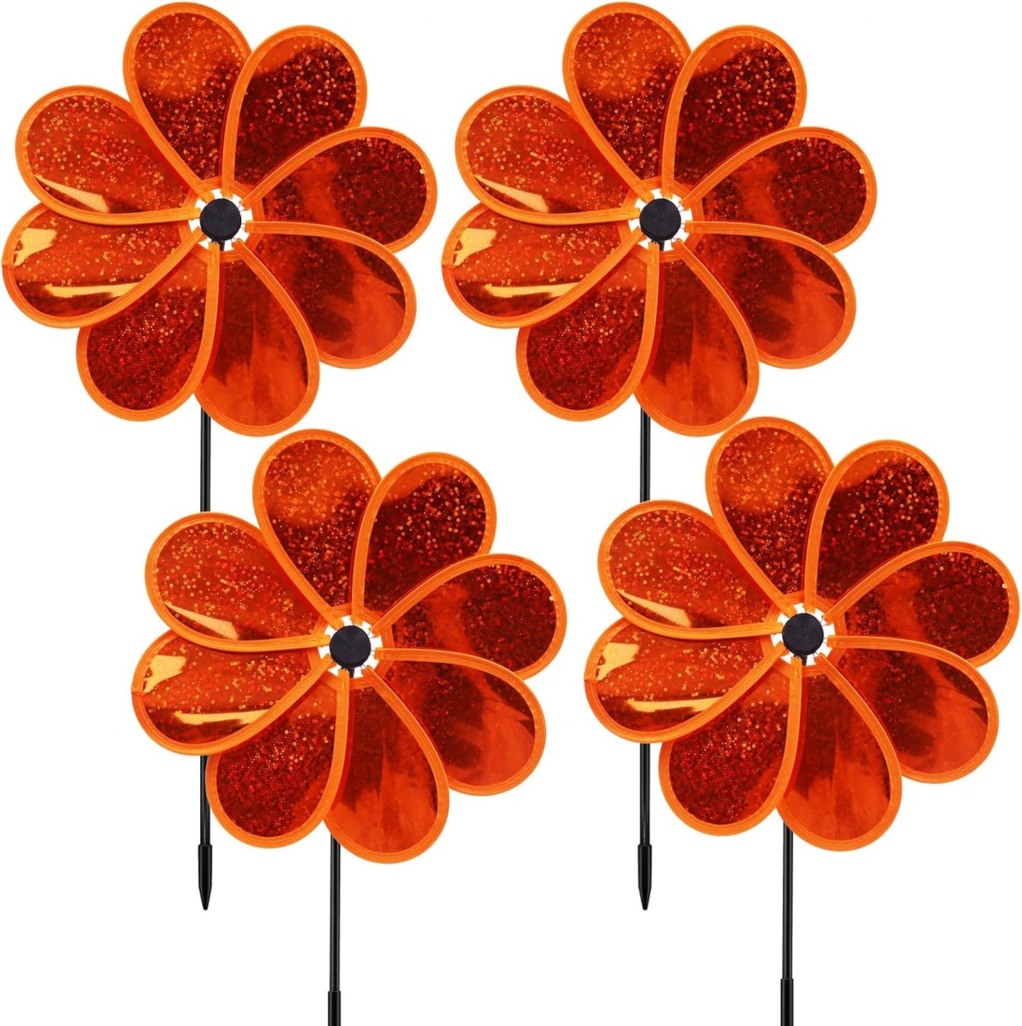 4PCS Flower Wind Spinner Sparkly Lawn Pinwheel 11.8 inch Orange Garden Windmill for Garden, Party, Christmas Outdoor, Yard Decor