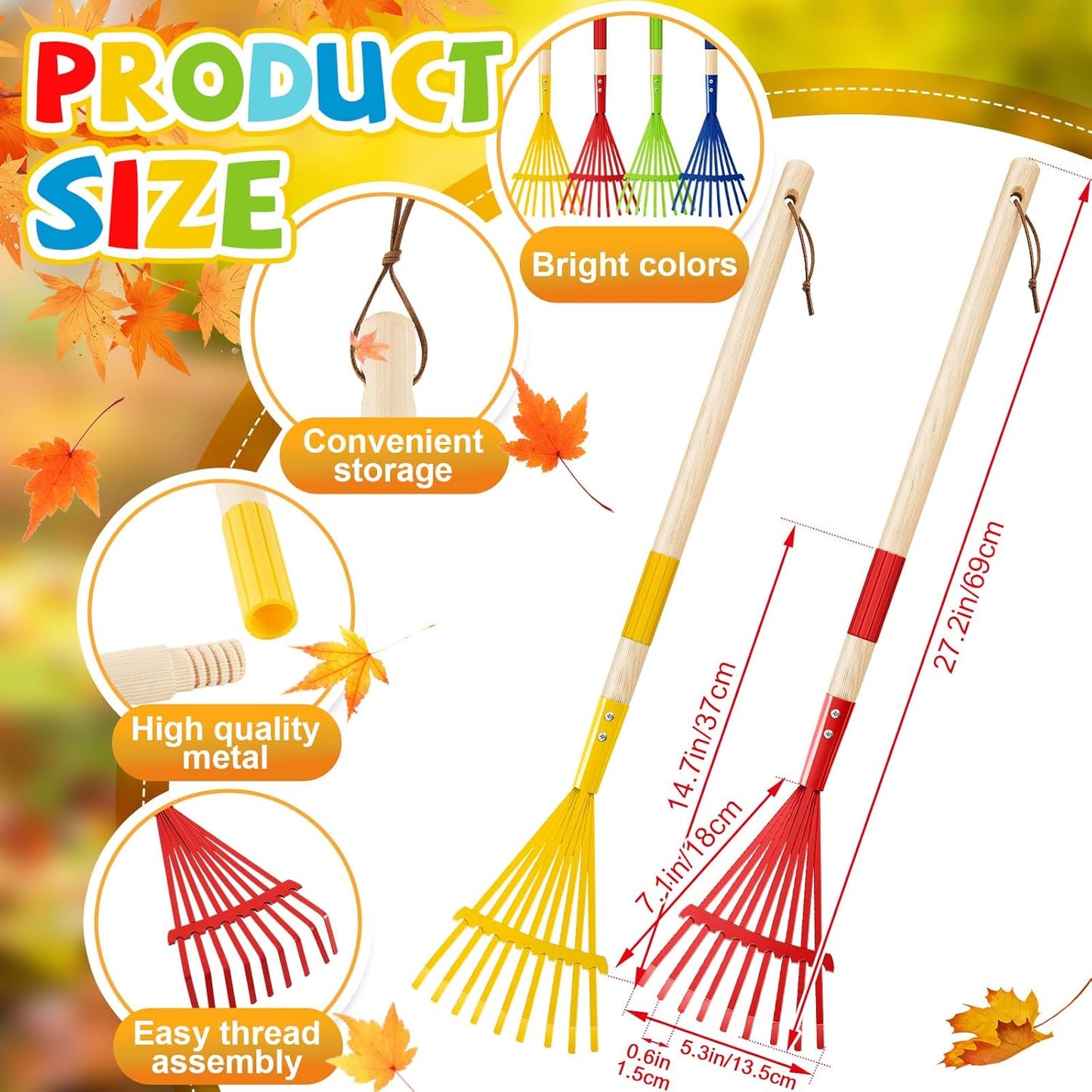 Suclain 4 Pcs Kids Rake with Hardwood Handle Small Child Size Multicolor 28'' Mini Rake for Leaves Lightweight for Children Garden Leaf Yard Tools Gifts