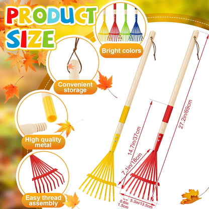 Suclain 4 Pcs Kids Rake with Hardwood Handle Small Child Size Multicolor 28'' Mini Rake for Leaves Lightweight for Children Garden Leaf Yard Tools Gifts