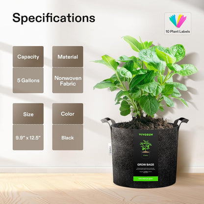 VIVOSUN 10-Pack 5 Gallon Grow Bags, Reinforced Planter Fabric Pots for Gardening Black