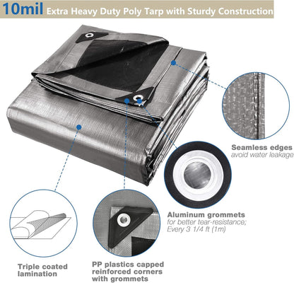 Yescom Large Tarps Waterproof 10 Mil Heavy Duty Reinforced Poly Outdoor Tarp 20' x24' with Grommets for Outdoor Camping Tent Boat Silver & Black