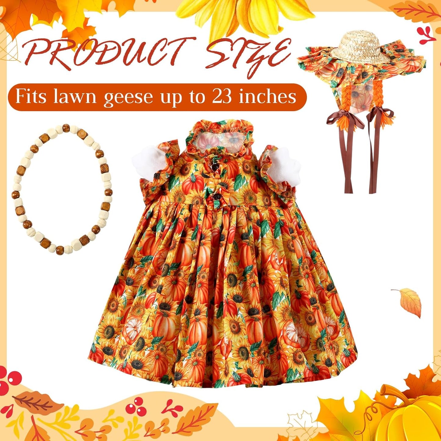 Fall Thanksgiving Goose Outfit Sunflower Porch Goose Costume with Hat Necklace for 23 Autumn Patio Yard Lawn Decor(Pumpkin,Sunflower)