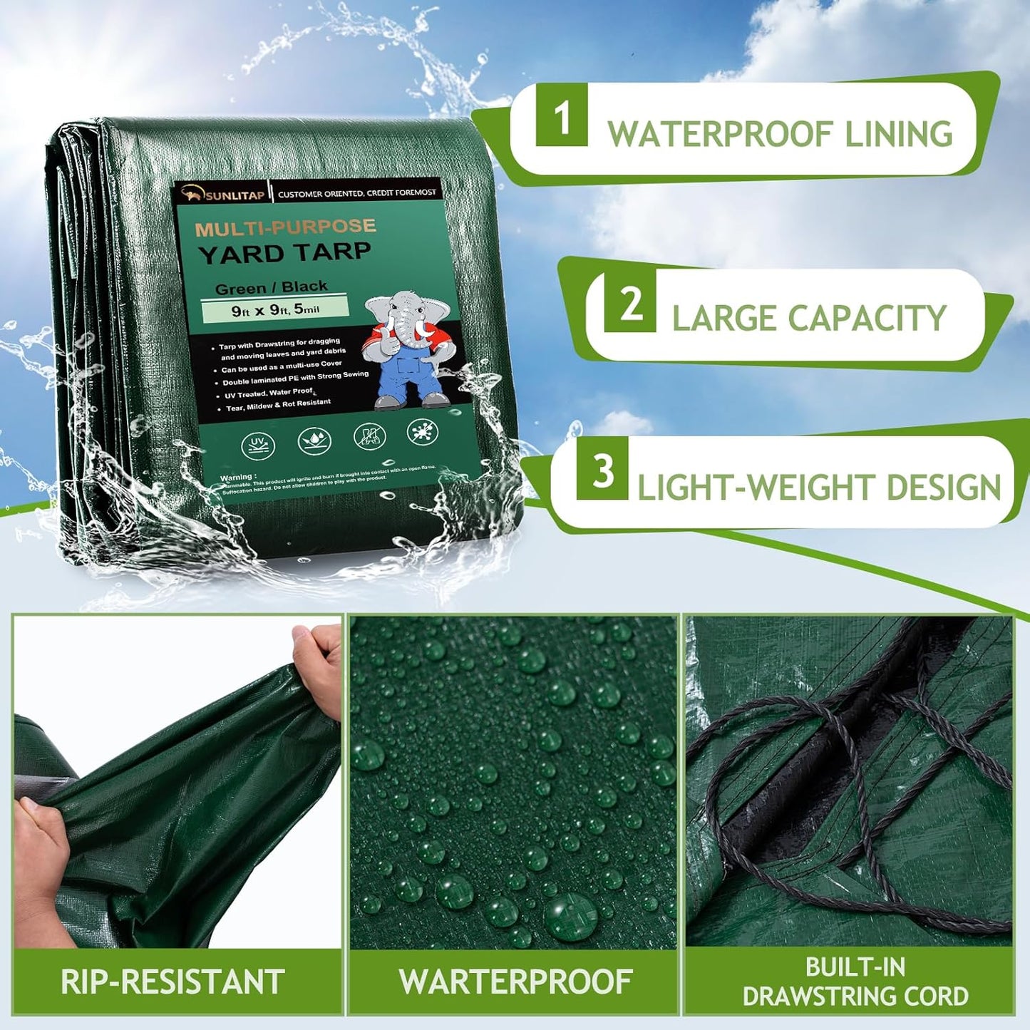 Leaf Tarp 9x9 Ft, Lawn Garden Leaf Tarp with 4 Drawstrings, Reusable Waterproof Poly Tarp Yard Waste Bags, All Purpose Protective Cover for Bikes, Furniture Cover, Tent Footprint
