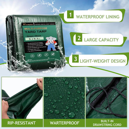 Leaf Tarp 9x9 Ft, Lawn Garden Leaf Tarp with 4 Drawstrings, Reusable Waterproof Poly Tarp Yard Waste Bags, All Purpose Protective Cover for Bikes, Furniture Cover, Tent Footprint