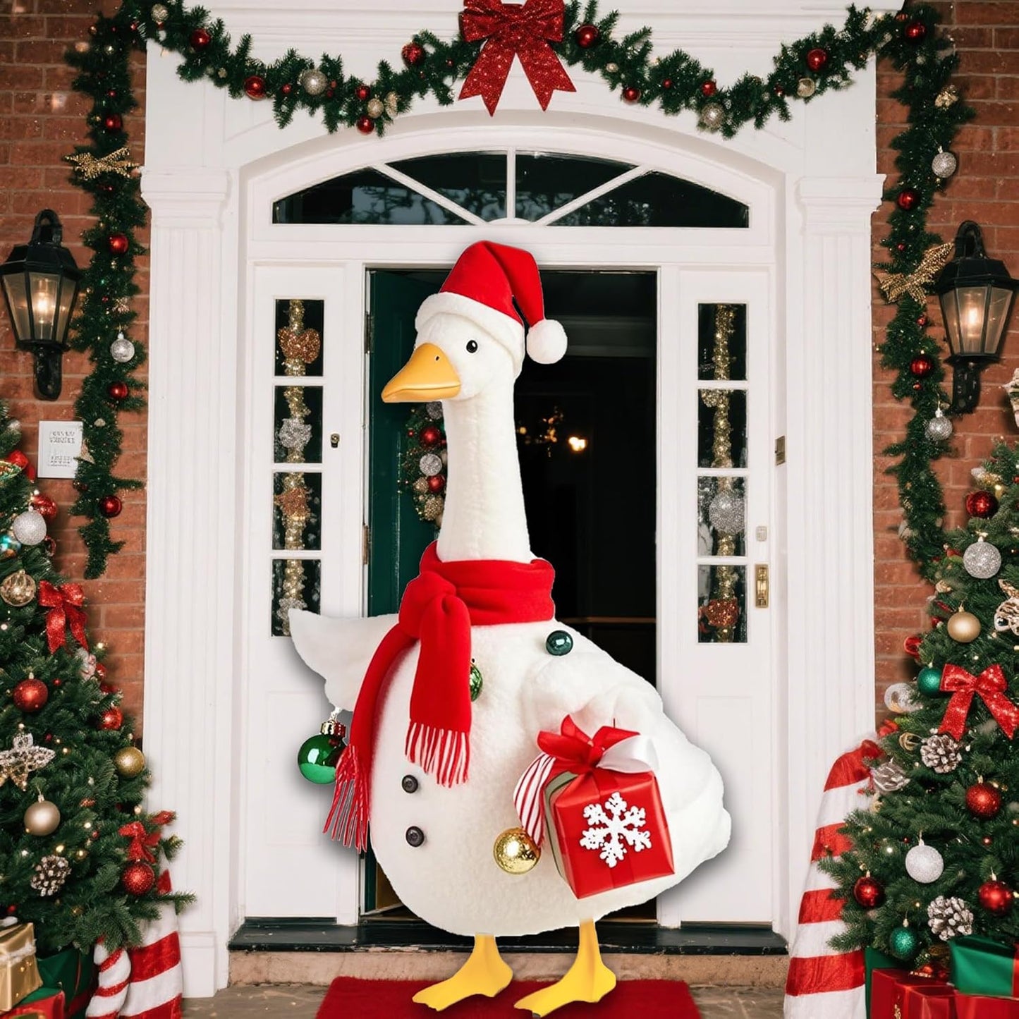 Christmas Snowman Porch Goose Outfits for Large 23" High Cement or Plastic Goose Statue, Yard Goose Cloths with Christmas Hat and Snowflake Gift Box Decor for Outdoor Lawn Gaden Patio