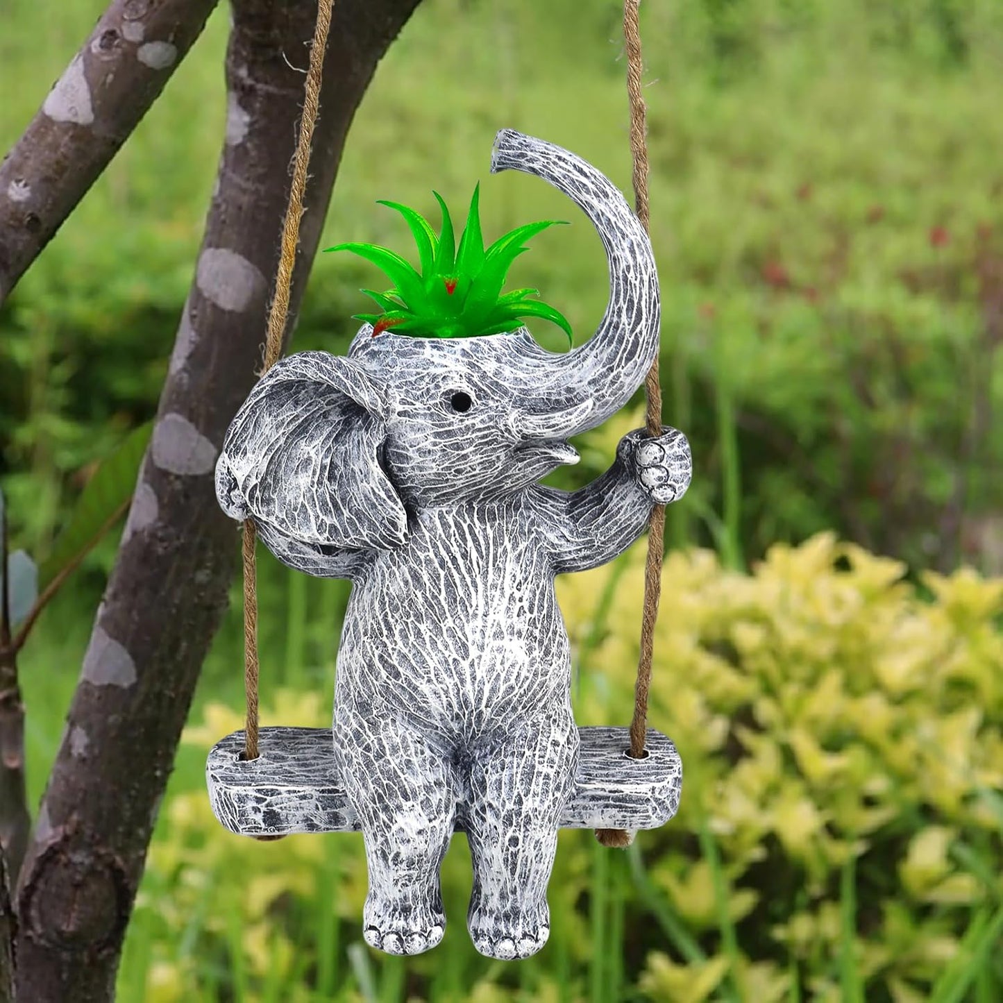 Elephant Gifts for Women Cute Succulent Pots for Outdoor Plants Funny Plant Pot Garden Pot Swing Hanging Planter Elephant Sit Swing Statue with Drainage Hole