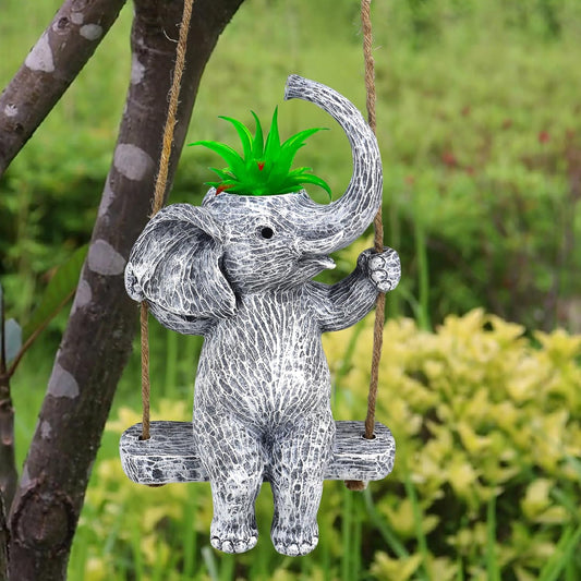 Elephant Gifts for Women Cute Succulent Pots for Outdoor Plants Funny Plant Pot Garden Pot Swing Hanging Planter Elephant Sit Swing Statue with Drainage Hole