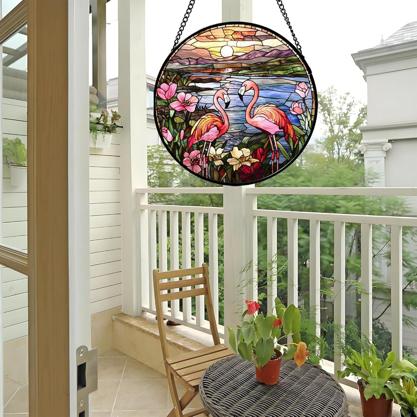 Stained Glass Window Hanging - Flamingo Wildflowers Landscape Suncatcher for Door Terrace Garden Home Decor Sunset Lake Sun Catcher Birthday Gifts for Lovers Women Men Dad Mom Nana 15 in