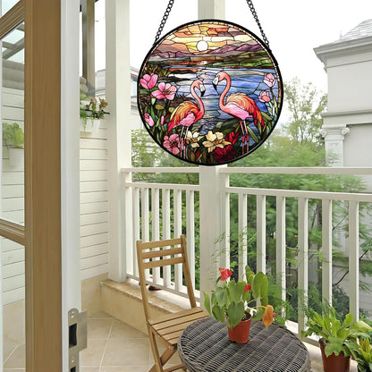 Stained Glass Window Hanging - Flamingo Wildflowers Landscape Suncatcher for Door Terrace Garden Home Decor Sunset Lake Sun Catcher Birthday Gifts for Lovers Women Men Dad Mom Nana 11.8 in