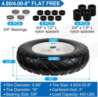 4.80/4.00-8" Flat Free Wheelbarrow Tires and Wheels, 16" Universal Fit Solid Tires with 5/8" or 3/4" Bearing, 3"-7" Hub, Adapter Kit Hand Truck Wheels Replacement for Garden Trailer, Wagons, 2 PCS