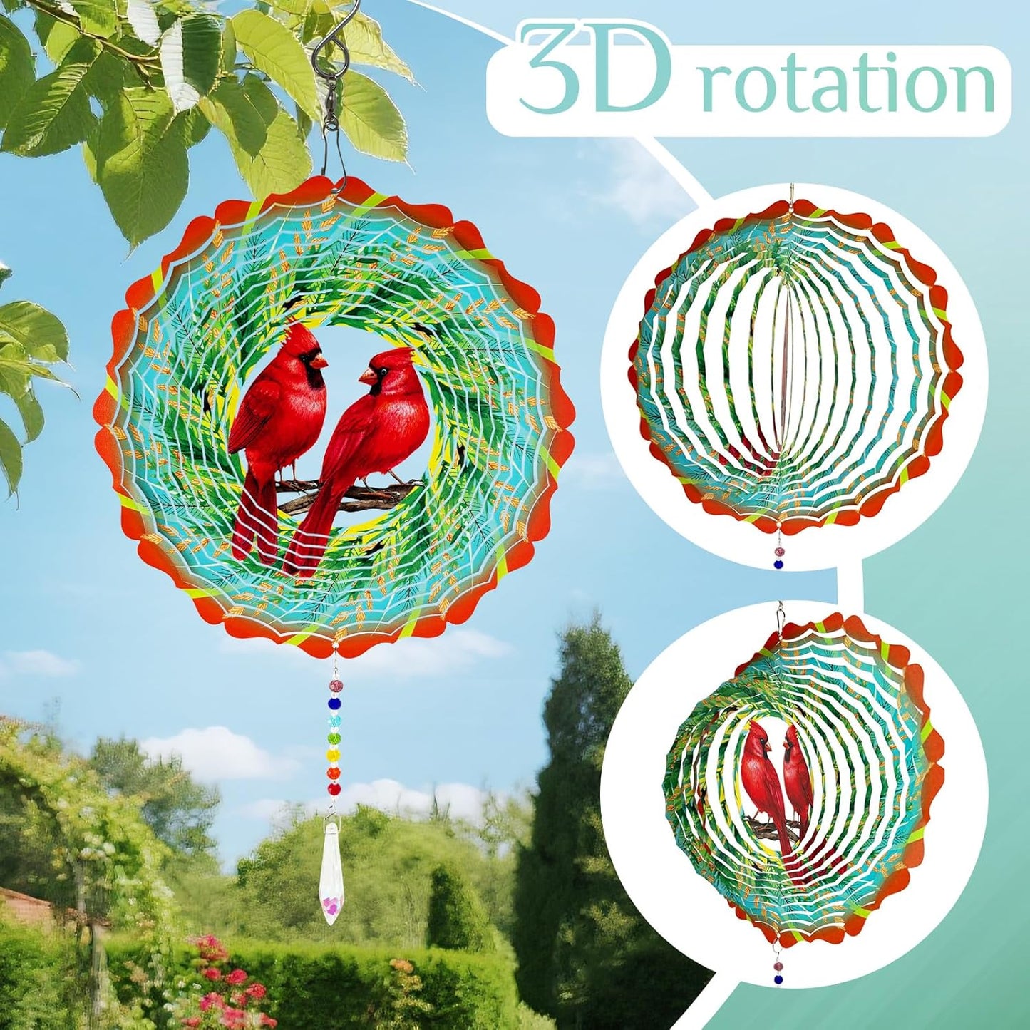 Cardinal Wind Spinner Crystal Tail, Marzovitra 10 inch 3D Stainless Steel Hanging Wind Spinner Metal Wind Catchers Kinetic Sculpture for Indoor,Outdoor Garden Decor,Yard Art