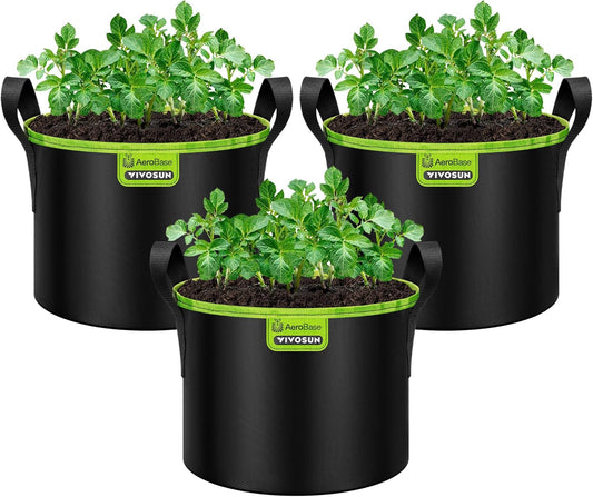 VIVOSUN 3-Pack 5-Gallon AeroBase Grow Bags, Durable Mesh Fabric Plant Container with Breathable Base and Sturdy Handles, Black