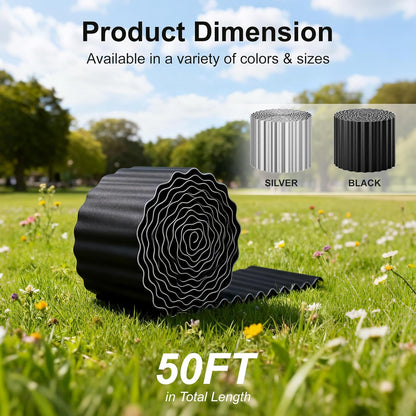 Corrugated Metal Garden Edging 6" x 50Ft, Sturdy Lawn Edging Border, Landscape Edging Border for Lawn, Flower Bed, Garden and Yard (Black, 6 * 50Ft)