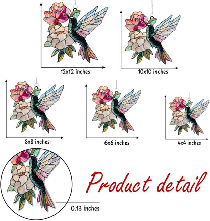 Hummingbird and Peony Acrylic Suncatcher Stained Glass Effect Window Car Hanging Christmas Ornament Indoor Outdoor Decor Garden Sun Catcher Panel for Bird Lover for Women Mom Grandma