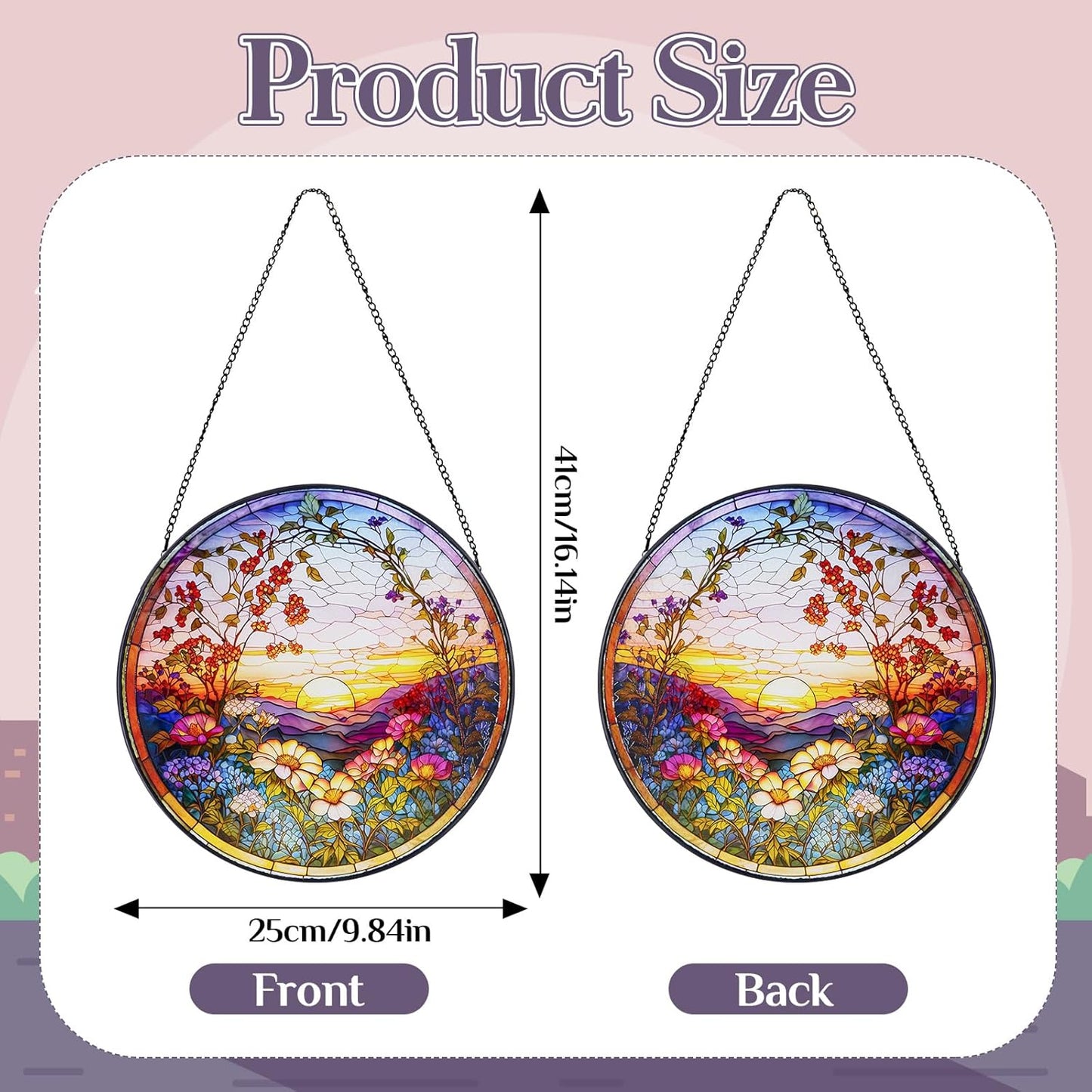 Stained Glass Window Hanging Sunset Suncatcher, Renyalora 10 Inch Round Real Glass Panel with Mountain Landscape and Wildflower Sun Catcher for Indoor Windows, Home, Garden, or Outdoor Wall Decor