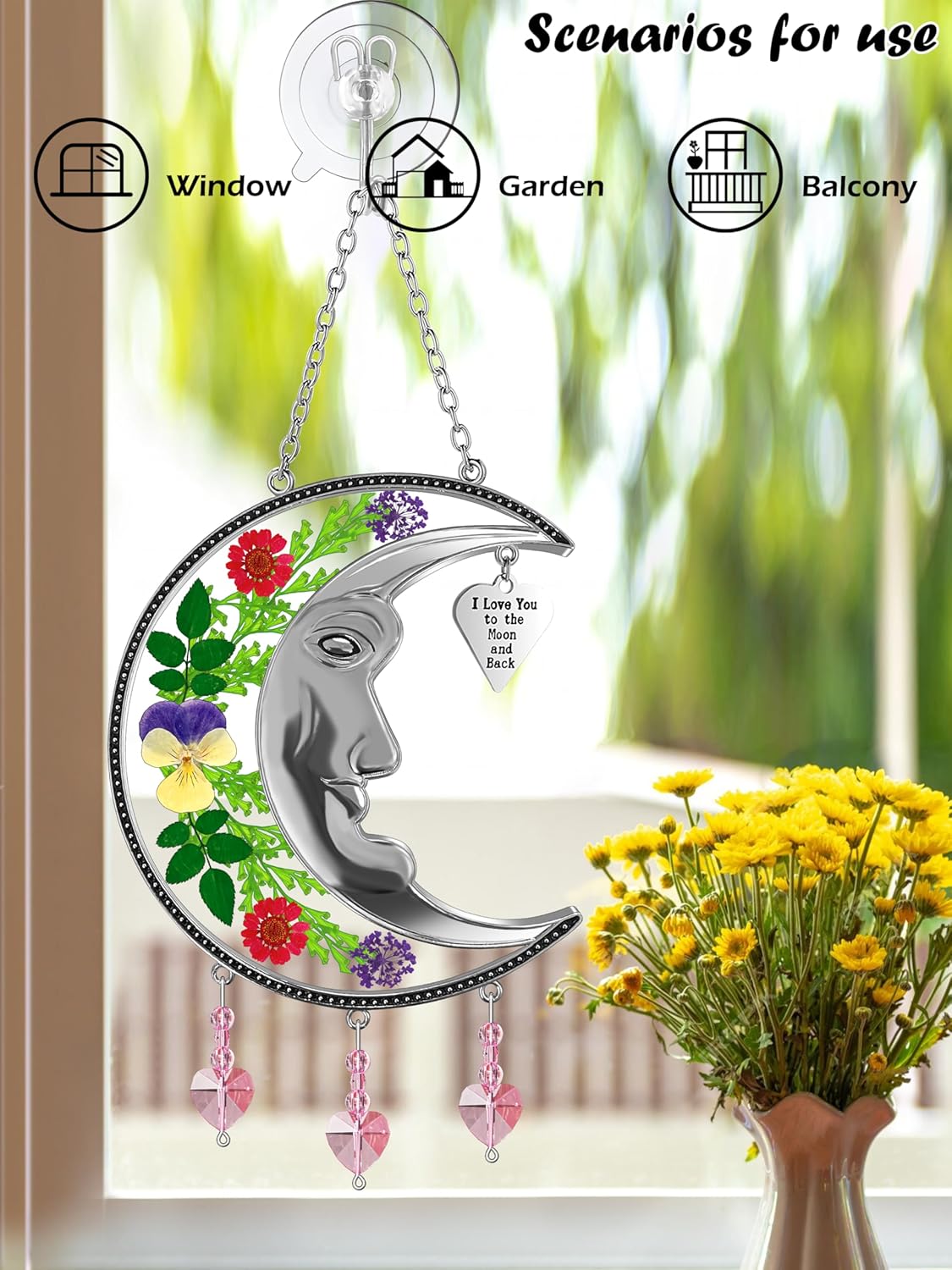 KY&BOSAM Moon Suncatcher Mom Gifts Stained Glass for Windows Hangings Wind Chime Decor with Pressed Real Flower and Metal I Love You to The Moon and Back Heart Charm for Home Christmas Trees Patio