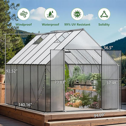 8X12 FT Greenhouses for Outdoors,Heavy Duty Polycarbonate Greenhouse, Large Walk-in Greenhouse with Roof Vent, Aluminum Hot House for Garden,Backyard