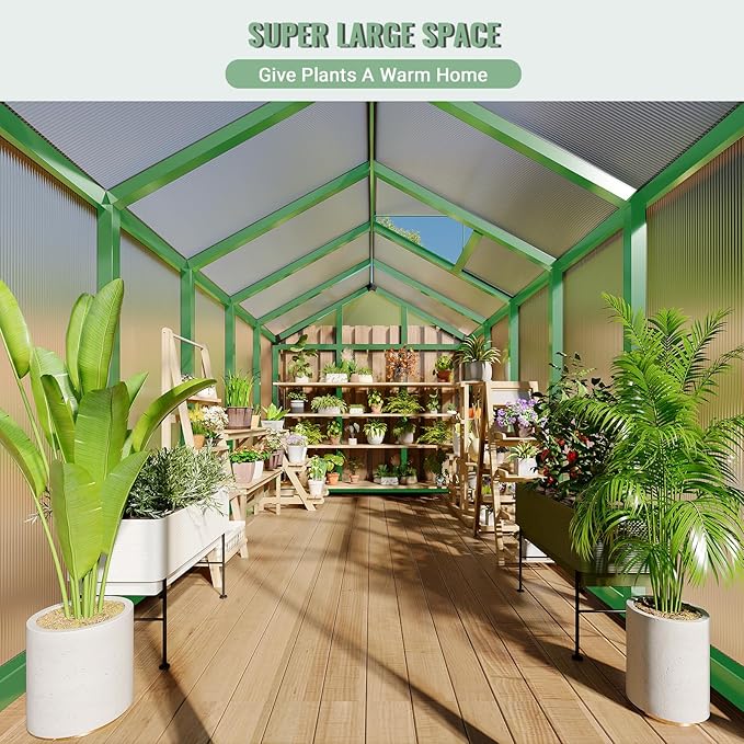 6x10 FT Greenhouse, Easy Assembly Aluminum Polycarbonate Greenhouses for Outdoors with Roof Vent, Large Aluminum Walk-in Greenhouse for Sunroom Patio, Backyard, Garden, Sliding Lockable Door, Green