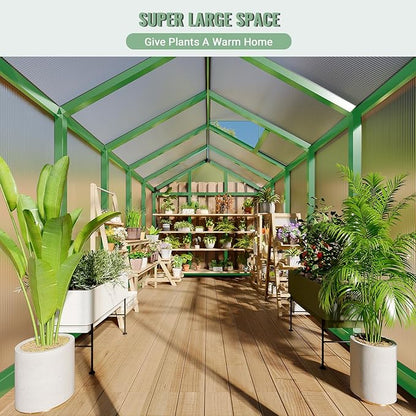 6x10 FT Greenhouse, Easy Assembly Aluminum Polycarbonate Greenhouses for Outdoors with Roof Vent, Large Aluminum Walk-in Greenhouse for Sunroom Patio, Backyard, Garden, Sliding Lockable Door, Green