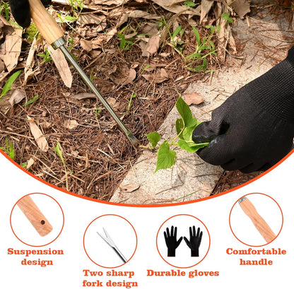 Wooden Handle Dandelion Weeder Tool - Polished Stainless Steel Dual - Forked Head Dandelion Weeder Puller Tool for Planting, Weeding, Flower & Vegetable Care with Nylon Nitrile Coated Gloves