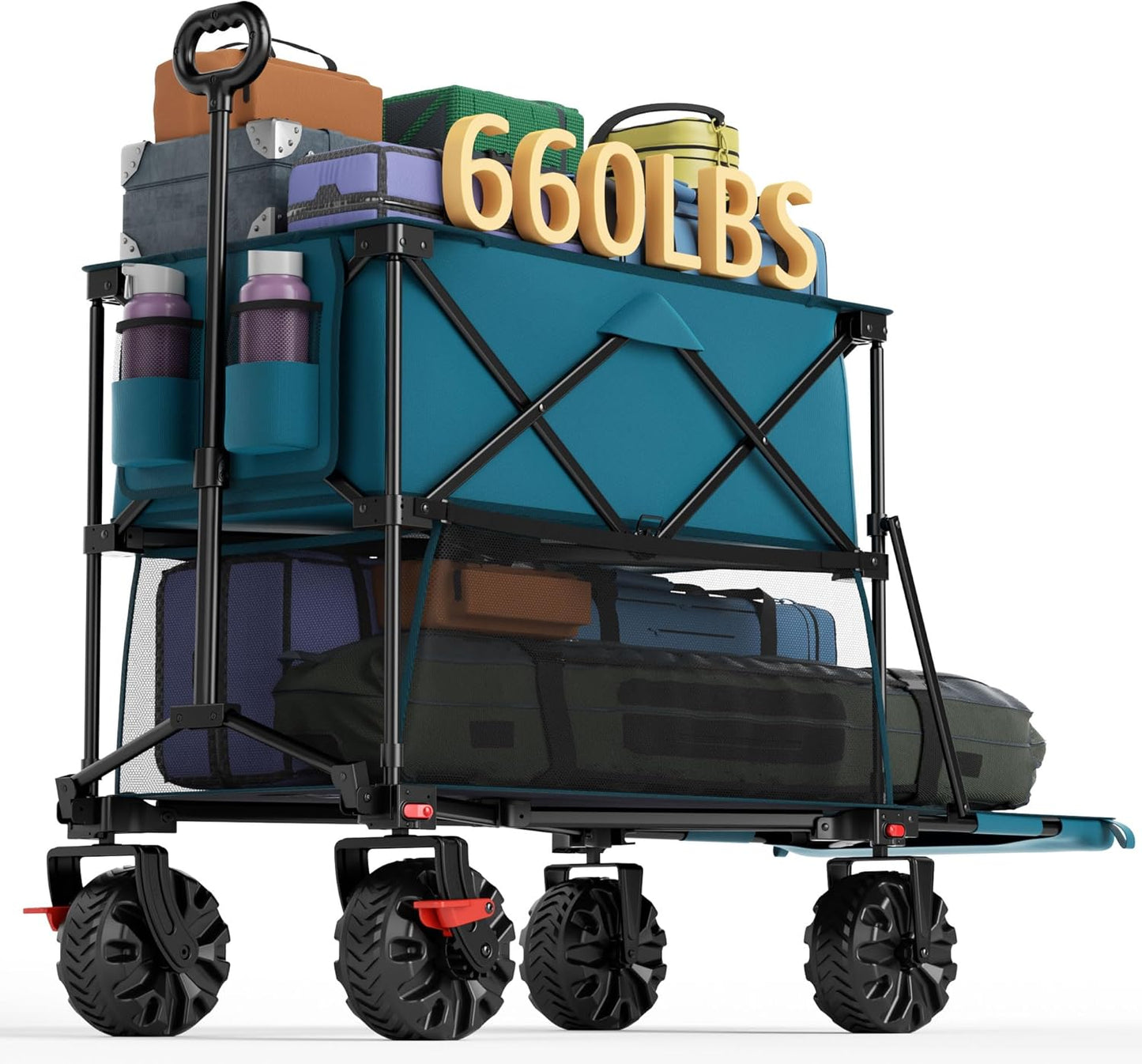 Portal Collapsible Large Double Decker Wagon with Brakes, 660lb Foldable Heavy Duty Utility Wagon Cart, 400L All-Terrain Big Wheels & 54" Extra Long Extender for Sports, Camping & Outdoor Use