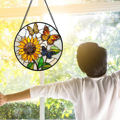 Stained Glass Window Hanging, Butterfly and Sunflowers Sun Catchers Glass Panel Plant Insects Suncatcher Decor for Birthday for Women, Men, Wife, Aunt, and Mom 9.8 in
