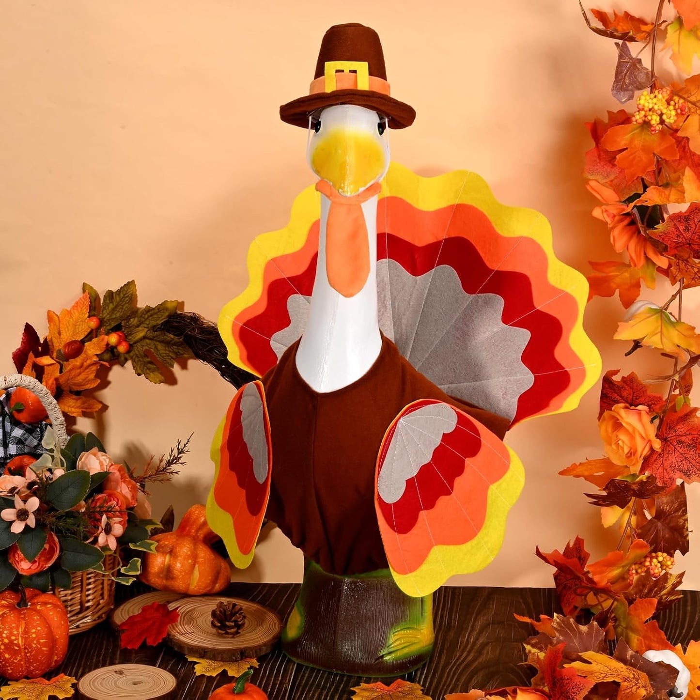 Thanksgiving Turkey Porch Goose Outfits Fall Lawn Goose Clothes, Fits 23" Cement Plastic Goose Statue for Autumn Outdoor Garden Yard Patio Statue Art Decoration