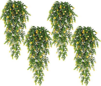 RECUTMS Pack of 4 Hanging Eucalyptus Plant Artificial Ivy Flower Vine Large Faux Wall Plants UV Resistant Greenery for Outdoor Patio Home Shelf Office Indoor Decor Yellow