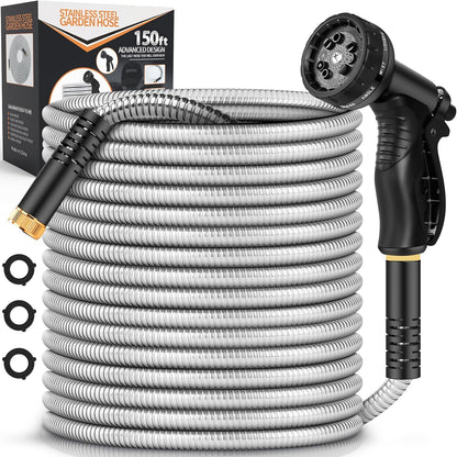 Garden Hose Metal 150FT, Stainless Steel Heavy Duty Water Hose With 10 Function Nozzle, No-Kink, Tough & Flexible, Sturdy and Lightweight, Rust Proof for Yard, Outdoor, RV