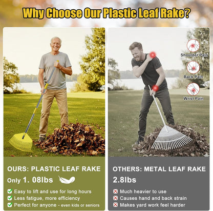 Plastic Leaf Rake for Lawns - Non-Clog, Heavy-Duty 16.5'' Wide Yard & Garden Rake for Leaves, Grass, Pine Needles, 1'' Stainless Steel Adjustable Handle, Easy Use for Women,Seniors,Kids