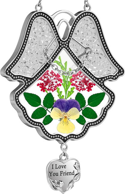 KY&BOSAM Angel Suncatcher I Love You Frined Stained Glass Panels for Windows Hangings Wind Chime with Pressed Flower Glass with Metal Charm Birthday Gift for Women Friend Mothers Day Christmas Decor
