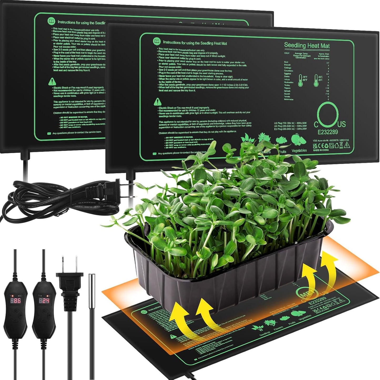 ROCEEI 2 Pack Seedling Heat Mat with Digital Thermostat Controller 10 x 20.75 Inch Waterproof Plant Seedling Heat Mat for Germination, Hydroponics, Brewing, Breeding, Indoor Gardening and Greenhouse