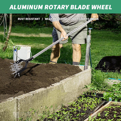Rotary Garden Tool, Adjustable Hand Tiller, Long Handle Cultivator for Aerating, Weeding, Planting and Mixing Soil or Reseeding Grass
