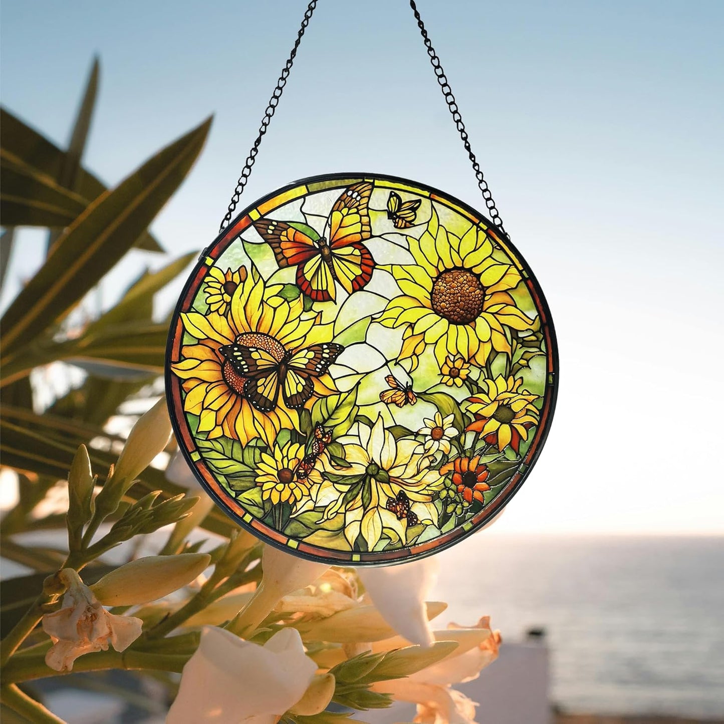Sunflower Hanging Stained Glass for Windows,Hand-Painted Sun Catcher Garden Hangings，6.3 inch