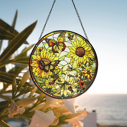 Sunflower Hanging Stained Glass for Windows,Hand-Painted Sun Catcher Garden Hangings，6.3 inch