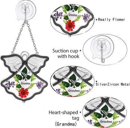 KY&BOSAM Angel Suncatcher Grandma Stained Glass for Windows Hanging for Wind Chime with Pressed Flower in Glass and Metal Trim Charm Birthdays Gifts for Grandma Mother`s Day Valentine's