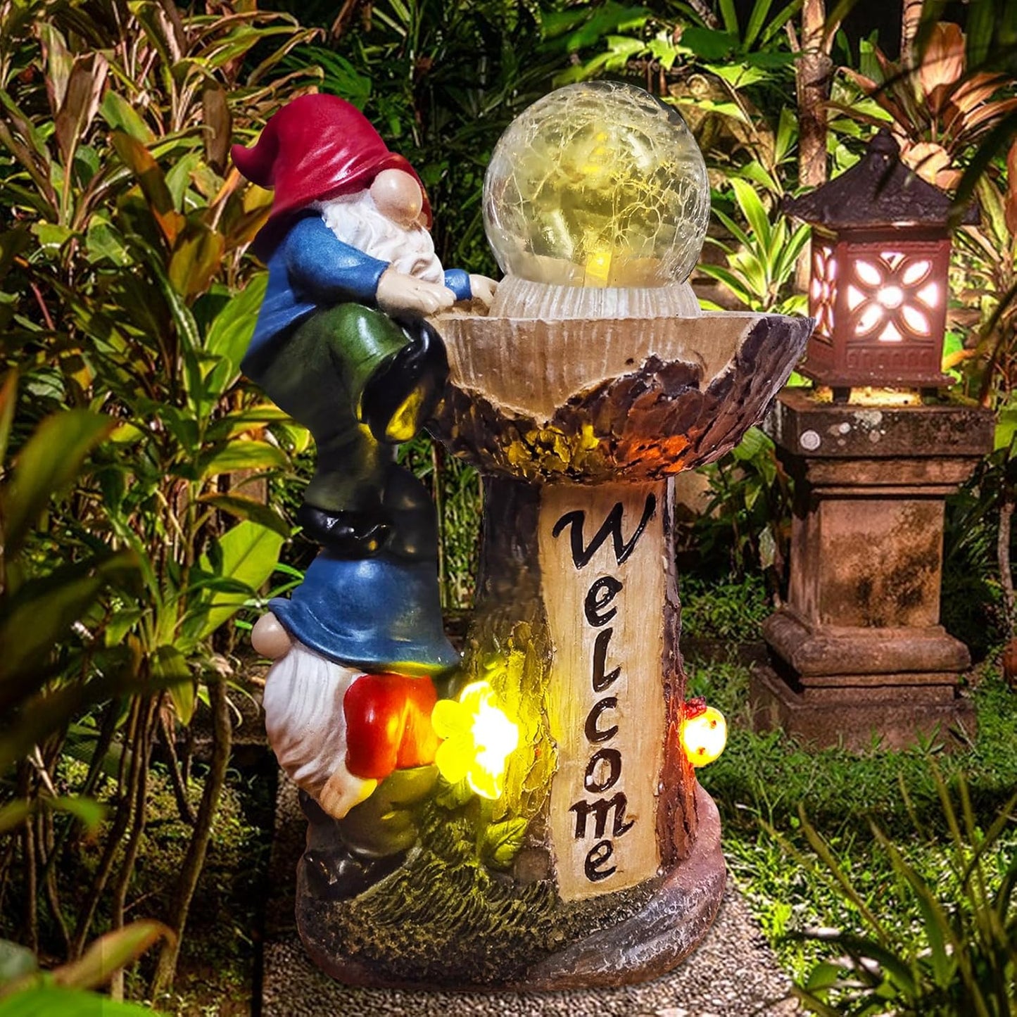 Garden Gnome Statues, Garden Statues for Outside with Solar LED Lights,10.4 in Funny Double Gnomes Sculptures Outdoor Decorations for Yard, Ideal Gnomes Gifts for Women/Grandma/Mom