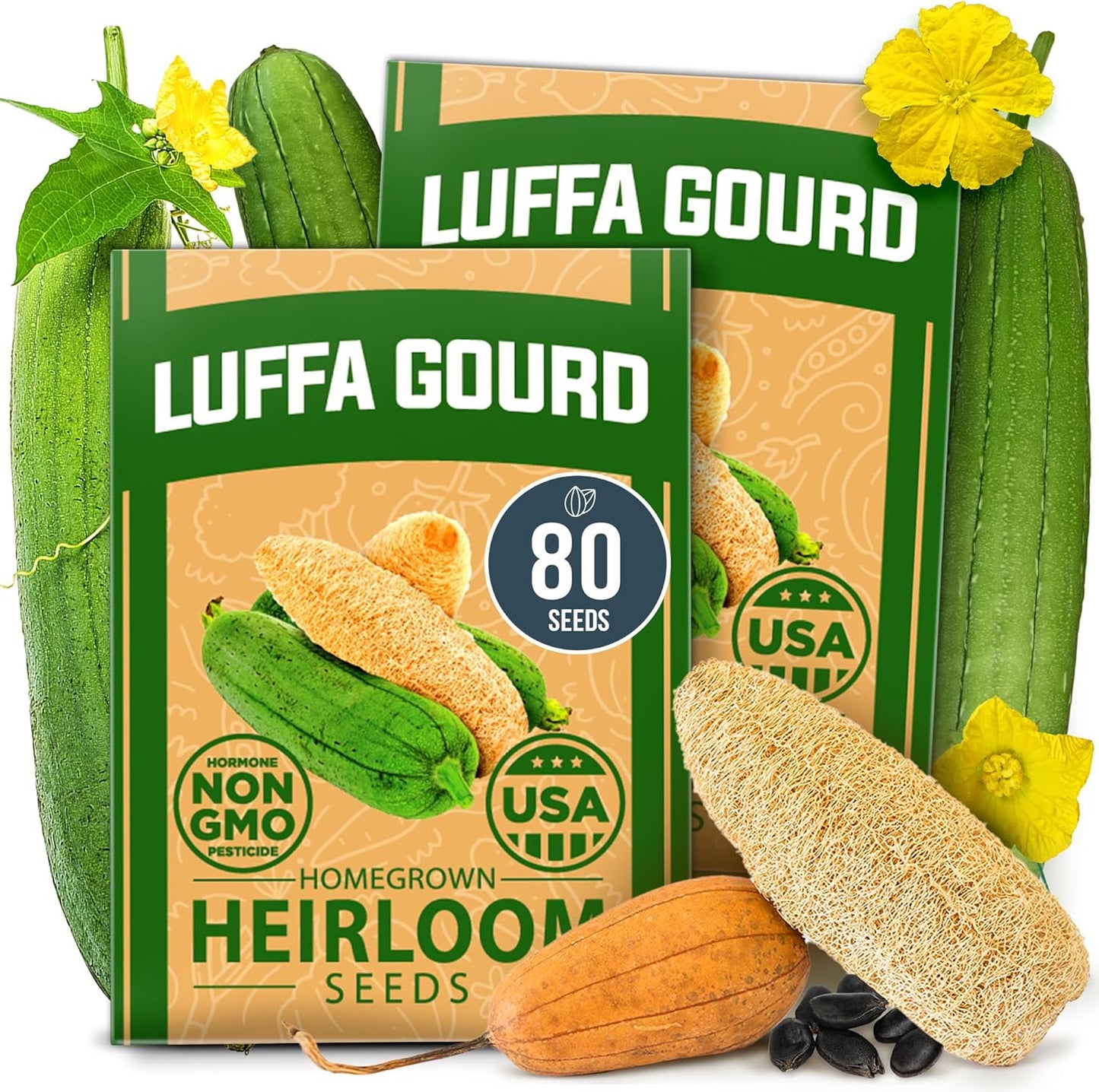 HOME GROWN Luffa Seeds 2 Pack(Luffa aegyptiaca)80 Heirloom 𝗡𝗢𝗡-𝗚𝗠𝗢,𝗨𝗦𝗔-𝗦𝗢𝗨𝗥𝗖𝗘𝗗 Loofah Gourd Seeds for Planting High Germination Rate - Make Sponges or Harvest Young Loofahs for Eating