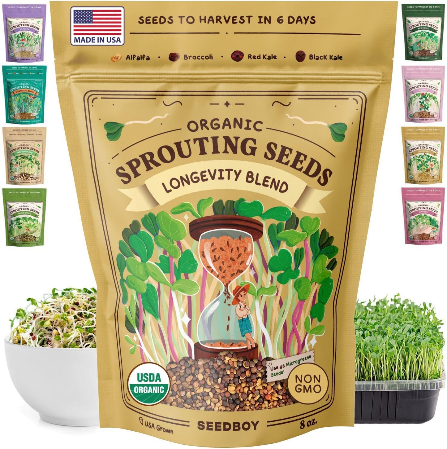 Seedboy Organic Non-GMO Sprouting Seeds, Longevity Blend – USA Grown Microgreens Mix with Broccoli, Red Kale, Black Kale, Alfalfa - 8 oz Bag Makes 6 Quarts / 20 Servings (Longevity Blend)
